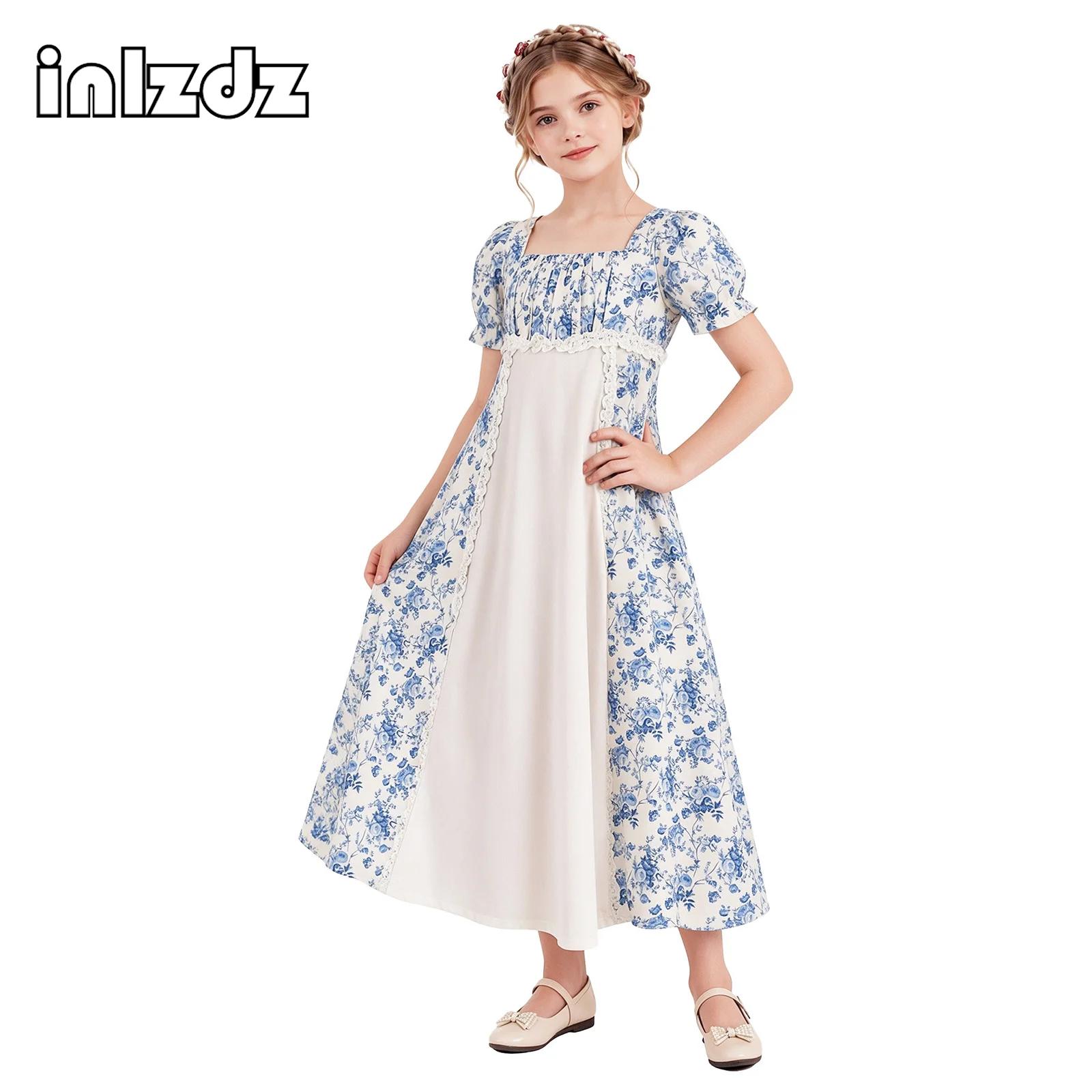 Lace Dress - 子供用、女の子向け、ルネサンス様式の中世風ドレス。スクエアカラー、パフスリーブ、エンパイアウエスト、レースと花の刺繍が施された、ハロウィーンのテーマパーティーにぴったりの一着。