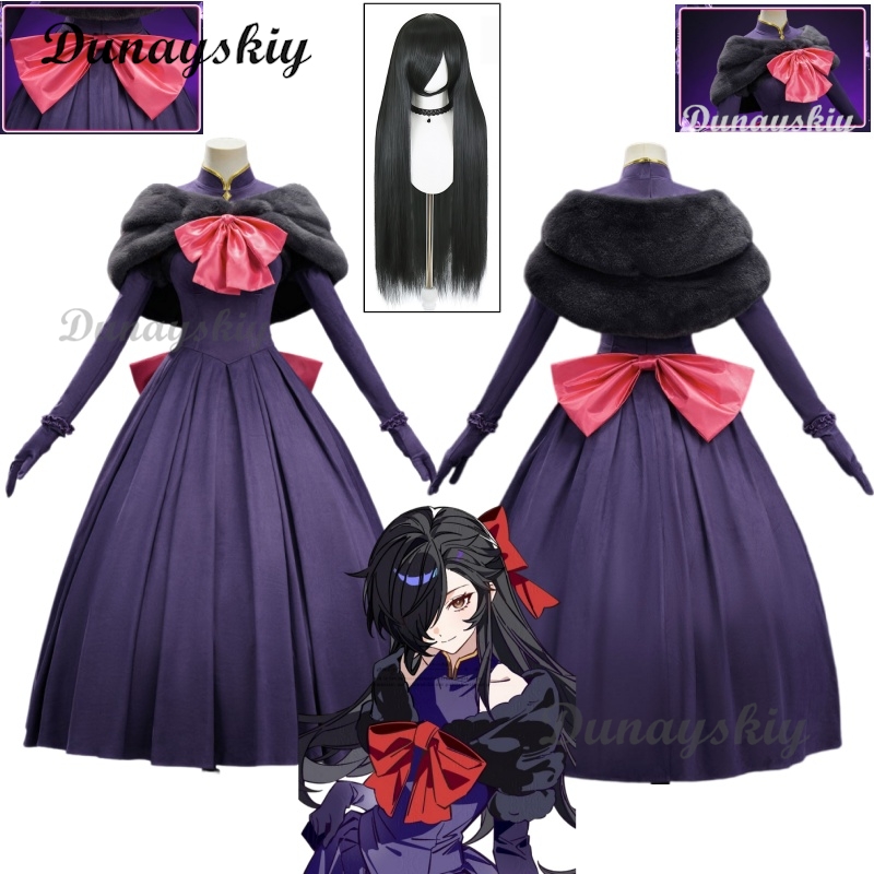 Evening Gown - Re:ゼロから始める異世界生活 ナツミ・シュワルツのコスプレ衣装、ウィッグ、小道具、紫色のガウン、ファーのケープ、イブニングドレス、ハロウィーン、カーニバルパーティー、ロールプレイ用。