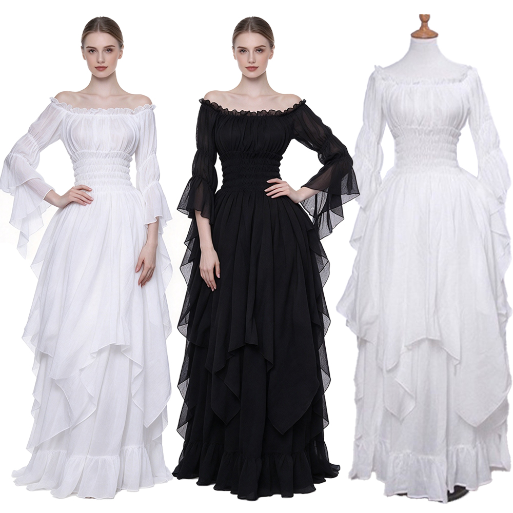 Lace Dress - 中世風ドレス、レトロなオフショルダーのロングドレス、豪華なレースのベルスリーブが特徴のプリンセスドレス、ヨーロッパ宮廷風ゴシックガウン。