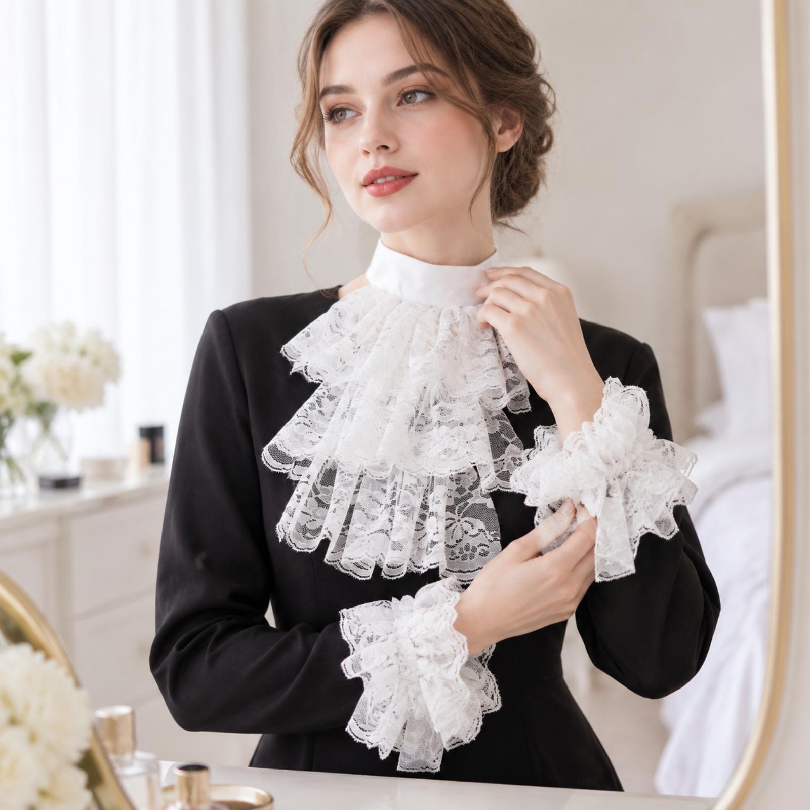 Lace Dress - ロマンチックなテーマのパーティーや、クラシックな装いに合う、レディース用レースカラーの手袋。同色のリボンが付いたリストカフ付き。