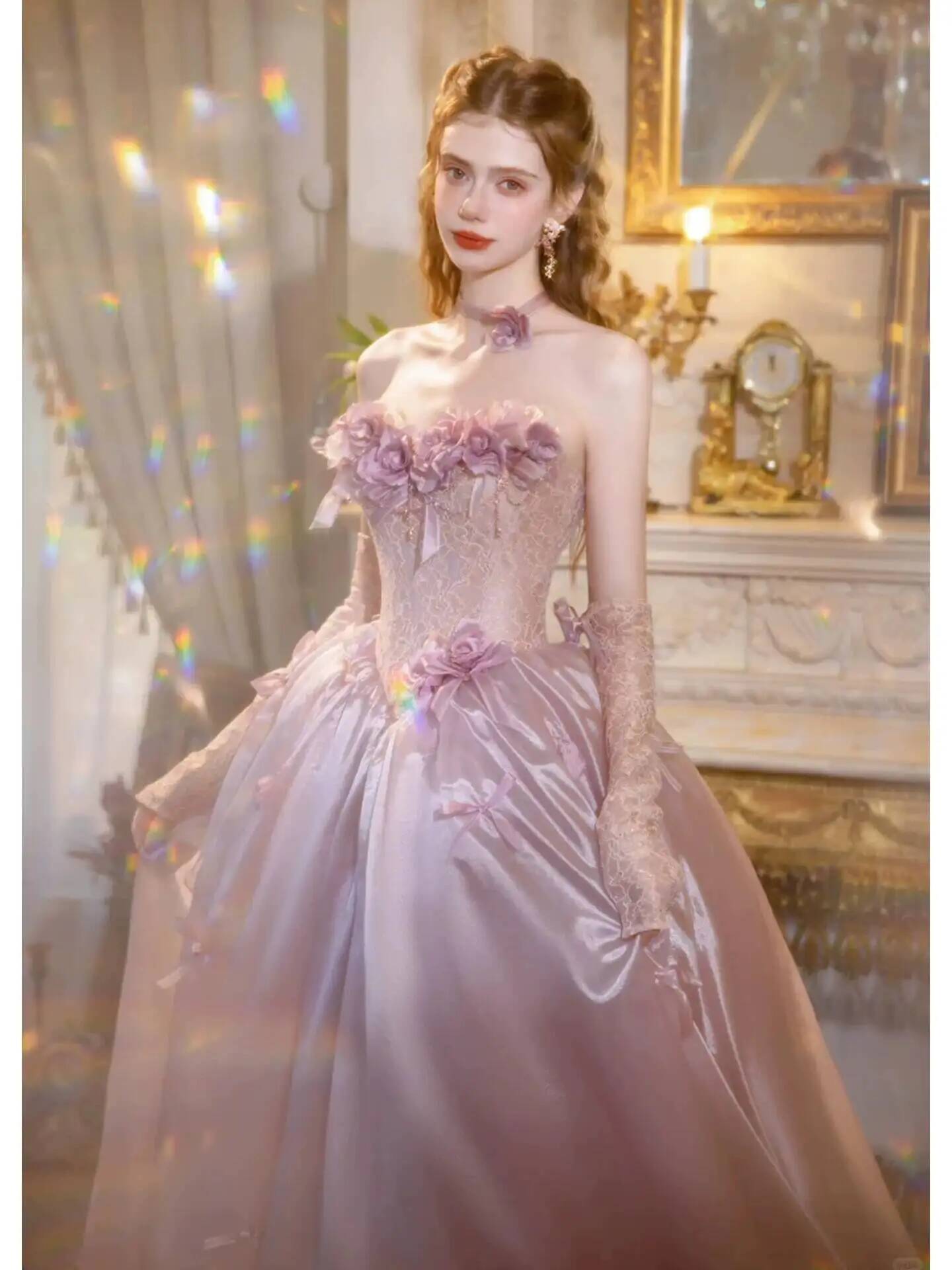 Formal Dress - ヴィンテージダスティピンクプリンセスボールガウンストラップレス3Dフラワーレースコルセットサテンロングフォーマルドレスウェディング写真撮影用ガウン