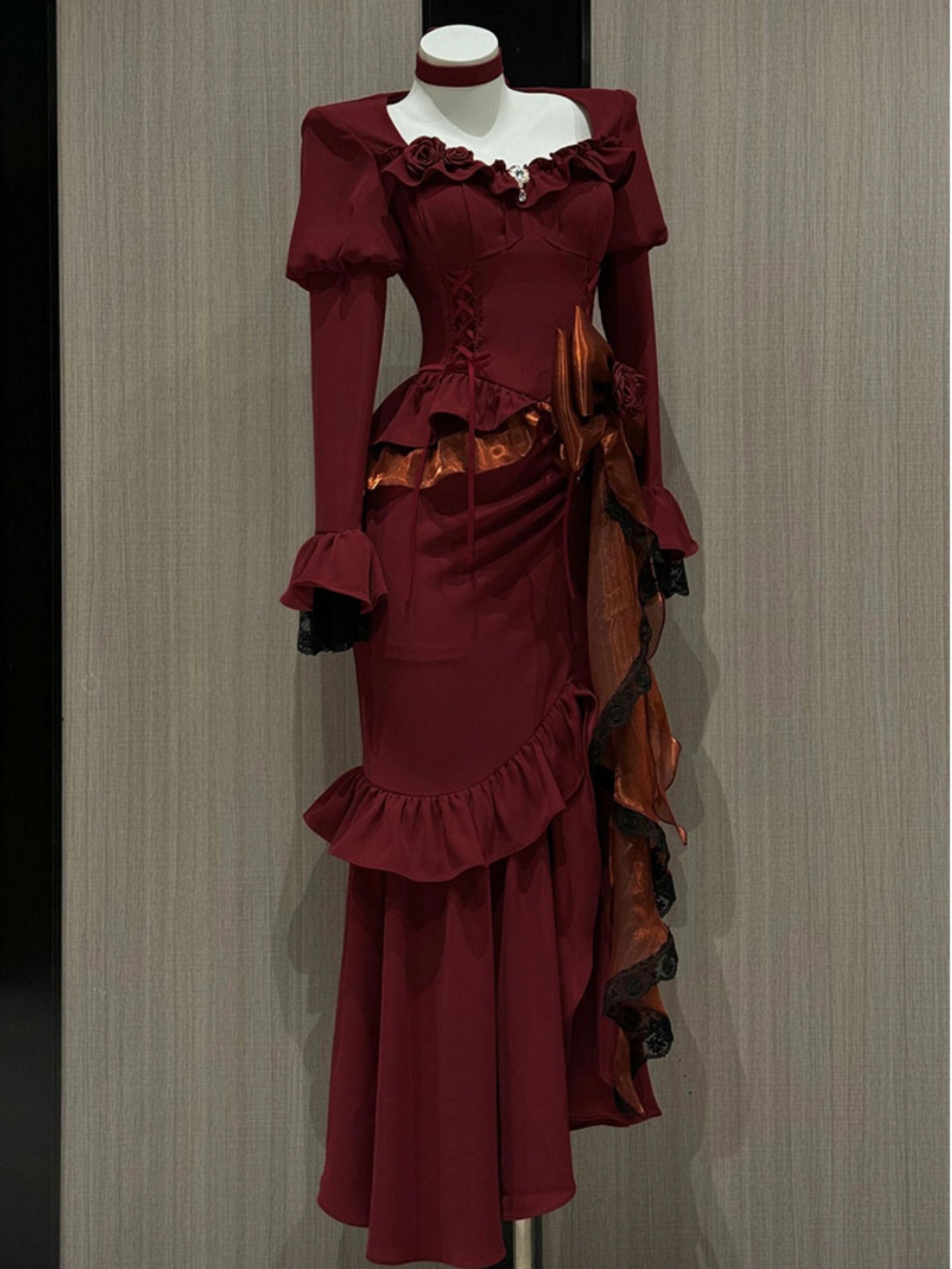 Women'S Red Formal Wear - 春赤ヴィンテージドレス女性レースフレンチレトロエレガントなイブニングパーティードレス女性長袖シックなミディドレスハロウィン新