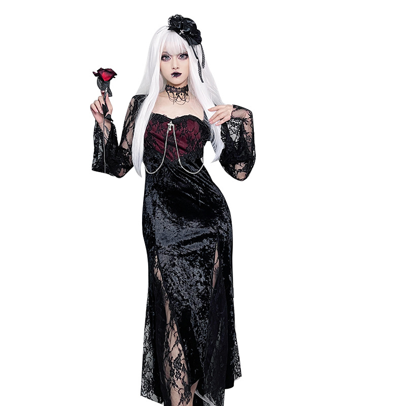 Midi Dress - レディース ゴシック ダーク エレガント イブニングドレス ベルベット
