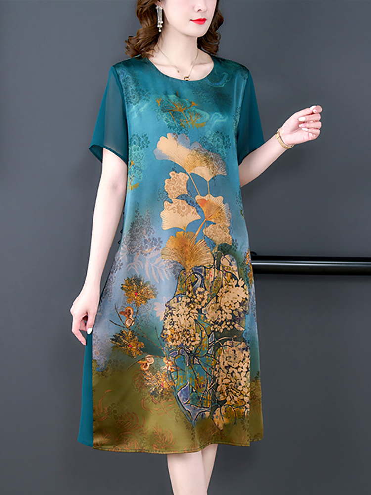 Women'S Red Formal Wear - 女性用フローラルシルクウェディングドレス,半袖,ラウンドネック,ルーズ,韓国スタイル,ヴィンテージ,エレガント,イブニング,夏,2024