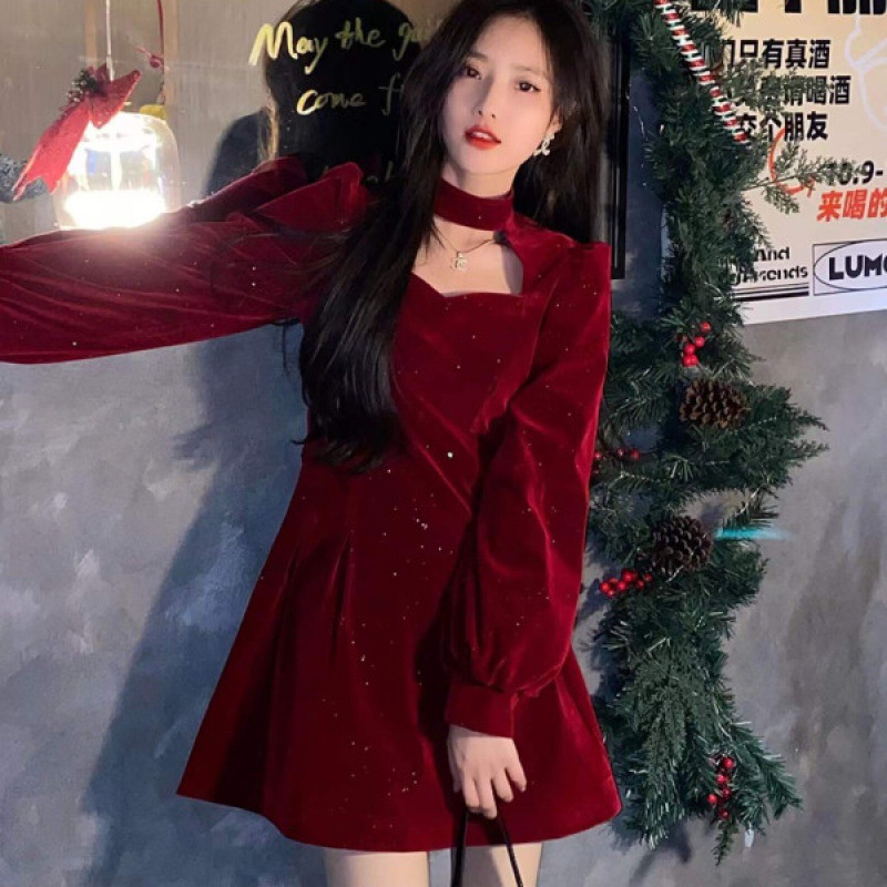 Women'S Red Formal Wear - 女性のためのきらびやかなベルベットのドレス,ハイエンド,エレガントなウエスト,スリムフィット,赤,ラインa,クリスマスパーティー,秋,冬,新しいスタイル