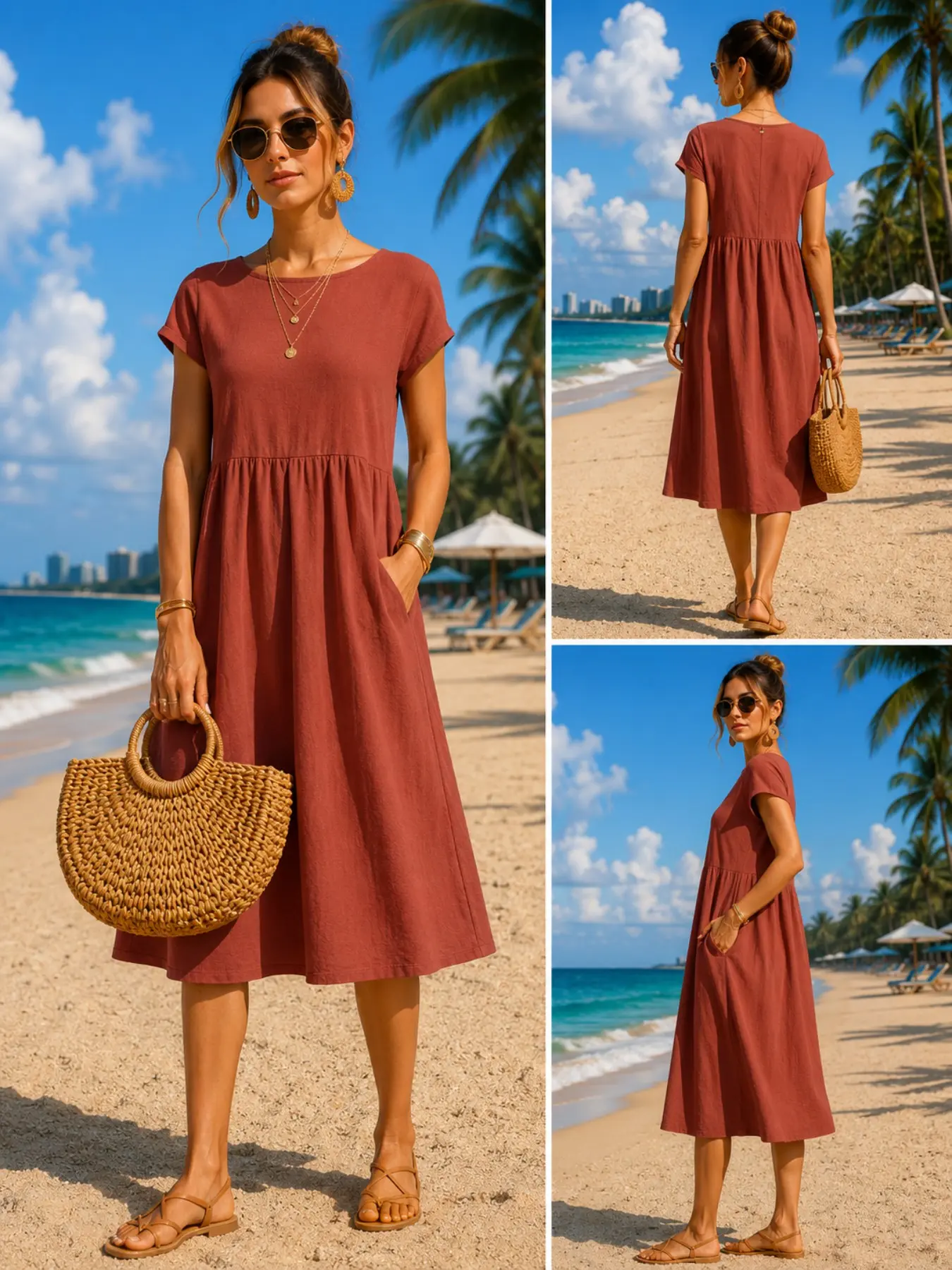 Midi Dress - 女性用、カジュアルなミディ丈ワンピース。ポケット付き、ゆったりとした短袖、クルーネック。夏にぴったりのビーチドレス。普段使いに最適で、快適、おしゃれ、そして洗練されたスタイル。