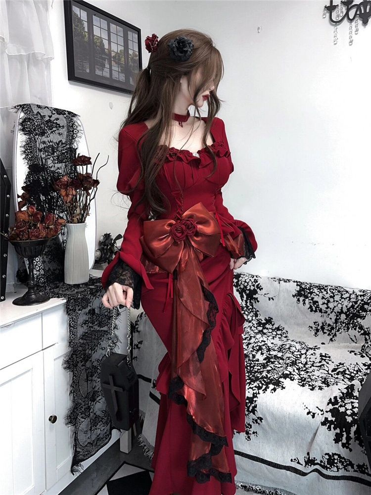 春赤ヴィンテージドレス女性レースフレンチレトロエレガントなイ - Women'S Red Formal Wear のレビューと価格