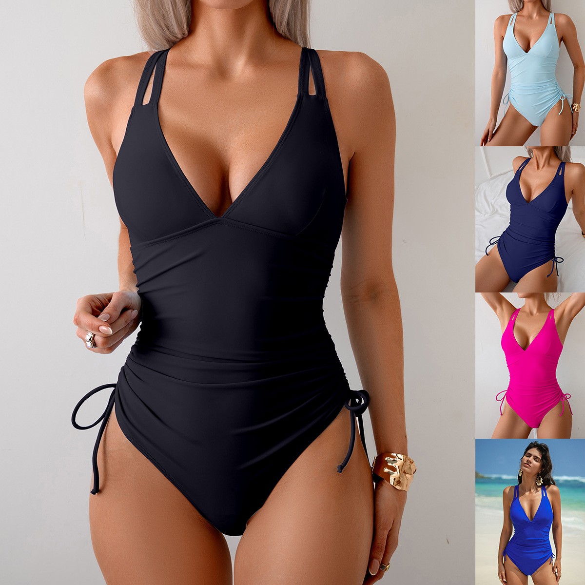 ソリッドブラックのVネックワンピース水着、ウエストにギャザー - Womens Suit のレビューと価格