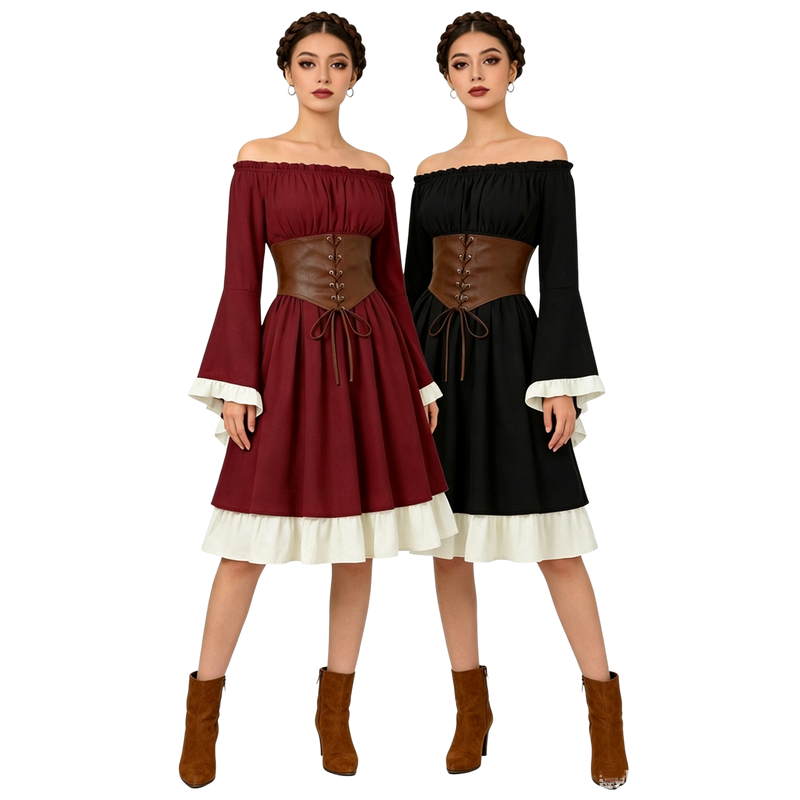 中世ルネサンス風ミディ丈ドレス、女性用、海賊コスプレ衣装、オ - Midi Dress のレビューと価格
