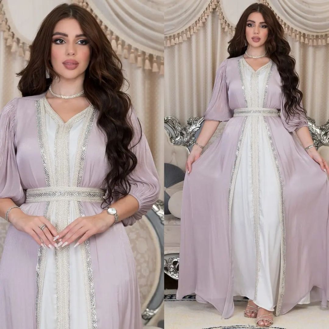 ラベンダー色のスパンコールドレス、Vネック、パフスリーブ、サ - Formal Dress のレビューと価格